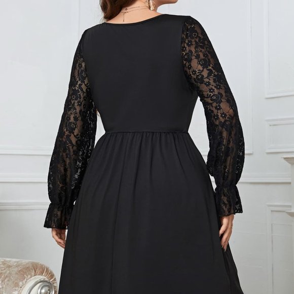 Melo Apparel Plus Size Lace Trim Round Neck Flounce Sleeve Dress - Picture 5 of 8